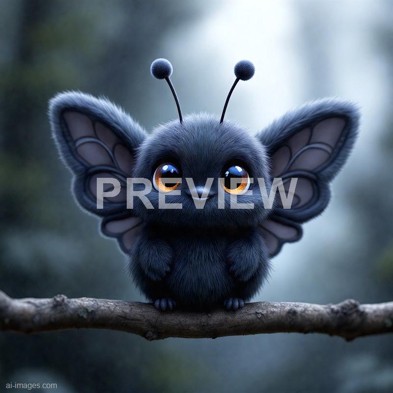 The image features an adorable, fictional creature with the body of a small, fluffy black animal, sitting on a tree branch. It has large, expressive orange eyes, tiny paws, and a small nose, with prominent, butterfly-like wings that are semi-transparent with intricate vein patterns. Two antennae with round tips extend from its head, giving it a whimsical appearance. The background is blurred with soft natural colors, emphasizing the creature as the main focus.